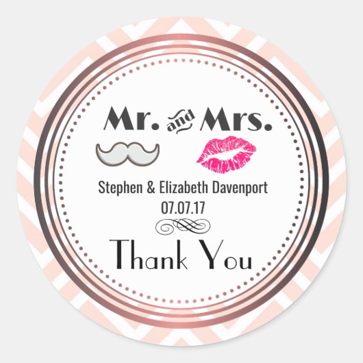 Mustache & Lips Mr. & Mrs Wedding Hartelijk dank Ronde Sticker (Voorkant)