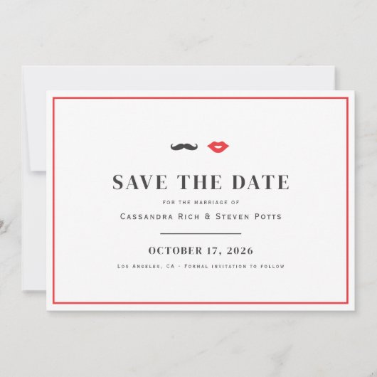 Mustache & Lips Quirky Wedding Sla de datum op Save The Date (Voorkant)