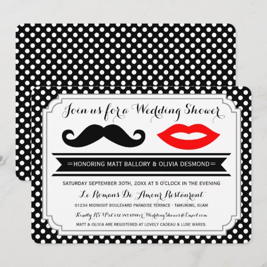 Mustache & Lips Wedding Shower nodigt uit Kaart (Voorkant / Achterkant)