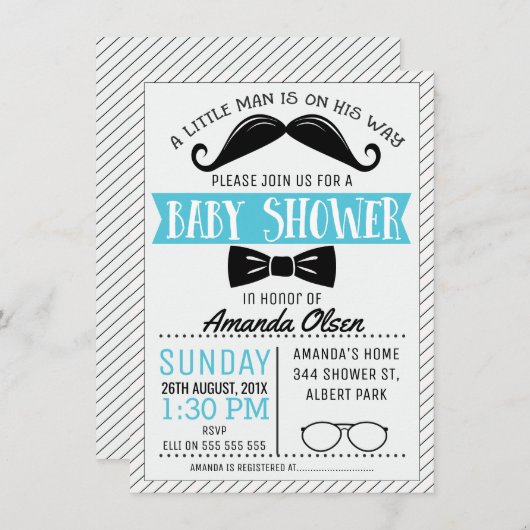 Mustache Little Gentleman Baby shower Invitation Kaart (Voorkant / Achterkant)
