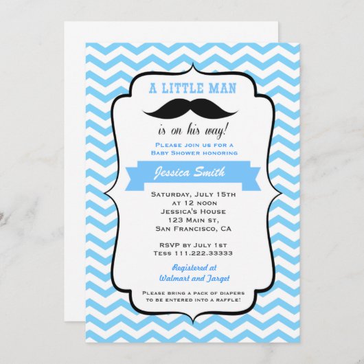 Mustache Little Man Baby shower Invitation Kaart (Voorkant / Achterkant)