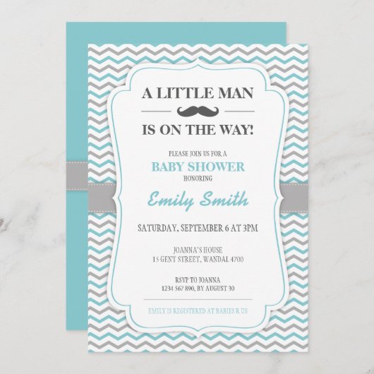 Mustache Little Man Baby shower Invitation Kaart (Voorkant / Achterkant)