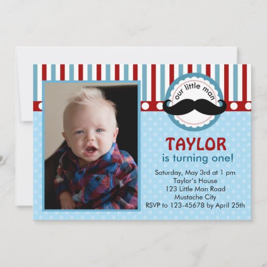 Mustache Little Man Birthday Invitation (foto) Kaart (Voorkant)