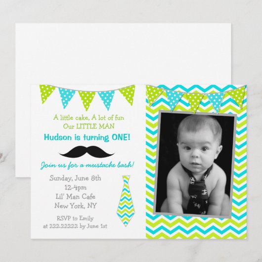 Mustache Little Man Birthday Invitations Kaart (Voorkant / Achterkant)