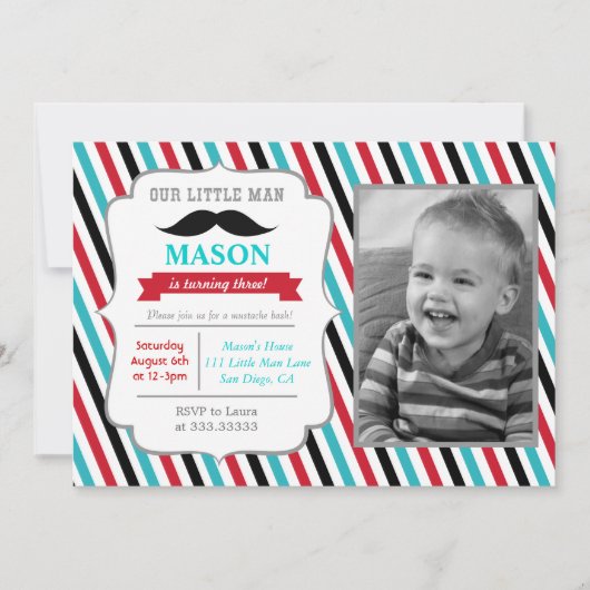 Mustache Little Man Birthday Party Invitations Kaart (Voorkant)
