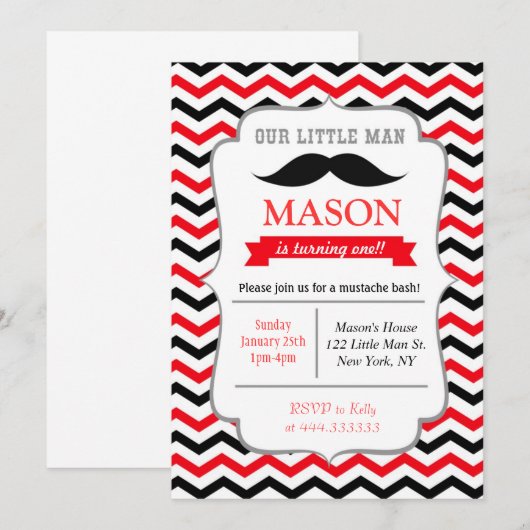 Mustache Little Man Birthday Party Kaart (Voorkant / Achterkant)