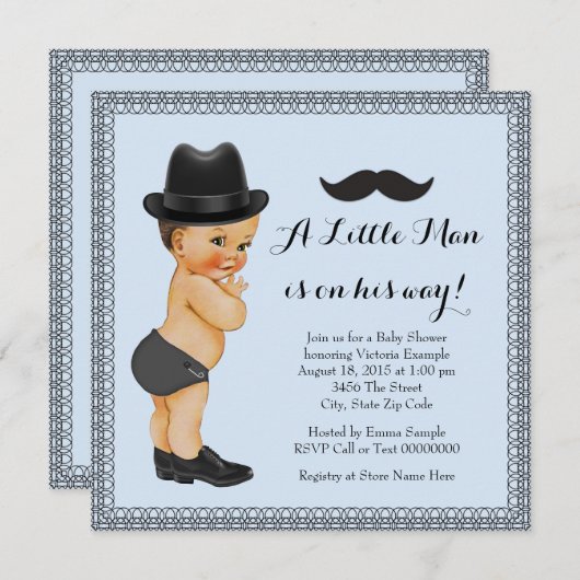 Mustache Little Man Blauw en Zwart Baby shower Kaart (Voorkant / Achterkant)