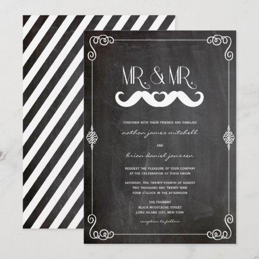 Mustache Love  Chalkboard Gay Wedding Kaart (Voorkant / Achterkant)