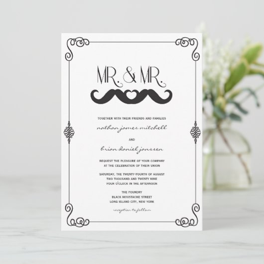 Mustache Love Classic Scrolls Bay Wedding Kaart (Staand voorkant)