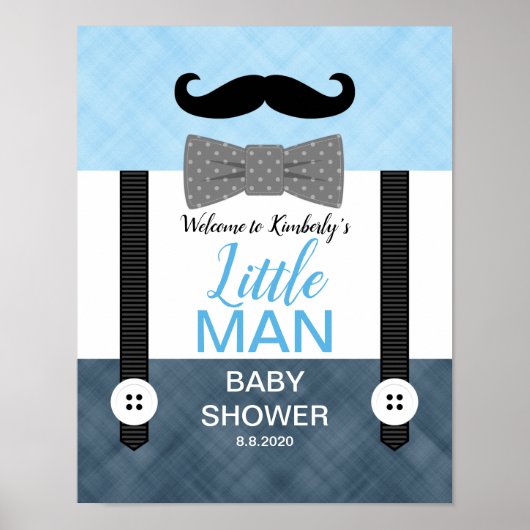 Mustache marineblauw baby douche welkom bord poster (Voorkant)