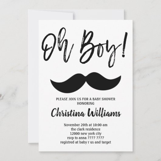 Mustache Oh Boy Baby shower Minimal Modern Elegant Kaart (Voorkant)