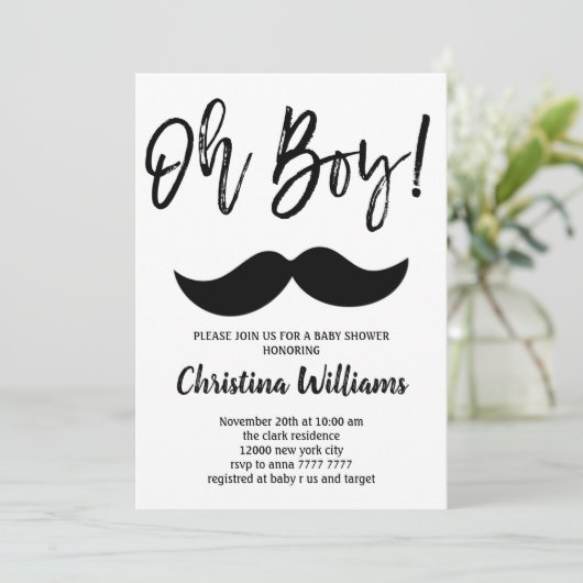 Mustache Oh Boy Baby shower Minimal Modern Elegant Kaart (Staand voorkant)