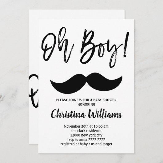 Mustache Oh Boy Baby shower Minimal Modern Elegant Kaart (Voorkant / Achterkant)