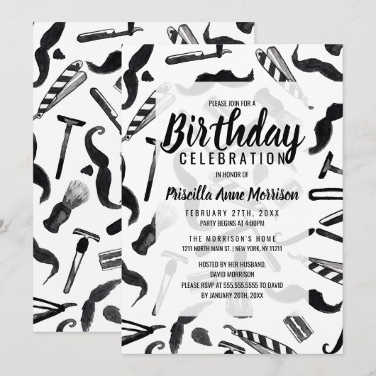 Mustache Razor Shaver Waterverf Barber Pattern Kaart (Voorkant / Achterkant)