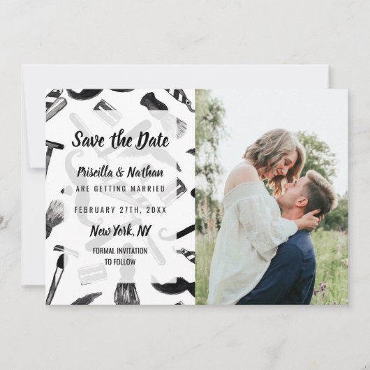 Mustache Razor Shaver Waterverf Barber Pattern Save The Date (Voorkant)