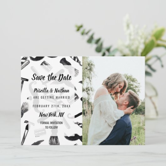 Mustache Razor Shaver Waterverf Barber Pattern Save The Date (Staand voorkant)