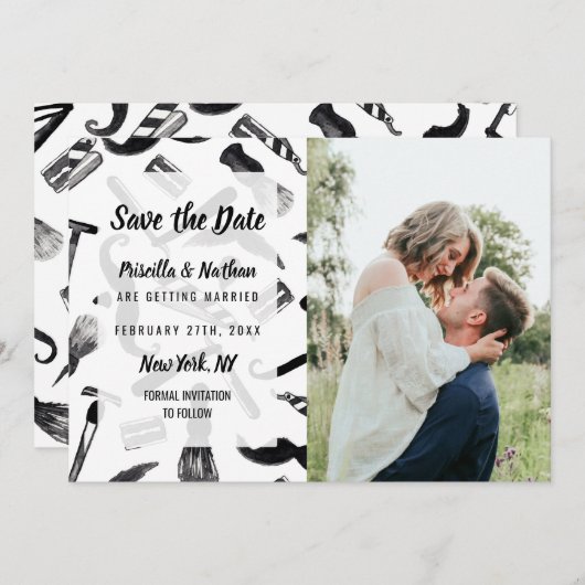 Mustache Razor Shaver Waterverf Barber Pattern Save The Date (Voorkant / Achterkant)