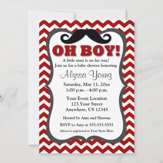 Mustache Red Chevron Baby shower Invite Kaart (Voorkant)
