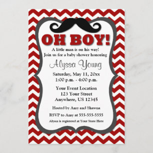 Mustache Red Chevron Baby shower Invite Kaart