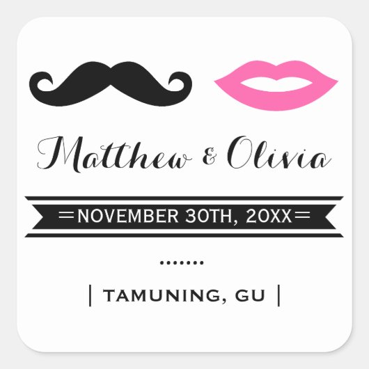 Mustache & Roze Lippen Bruiloft Stickers (Voorkant)