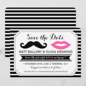 Mustache & Roze Lippen Bruiloft Streep Save the Da Date (Voorkant / Achterkant)