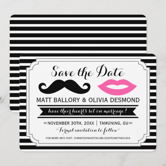 Mustache & Roze Lippen Bruiloft Streep Save the Da Date (Voorkant / Achterkant)