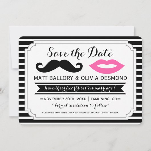 Mustache & Roze Lippen Bruiloft Streep Save the Da Date (Voorkant)