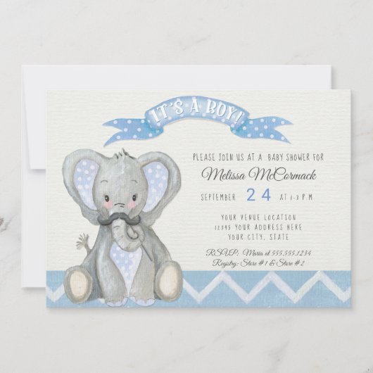 Mustache Schattige Baby Elephant Boy Shower Chevro Kaart (Voorkant)
