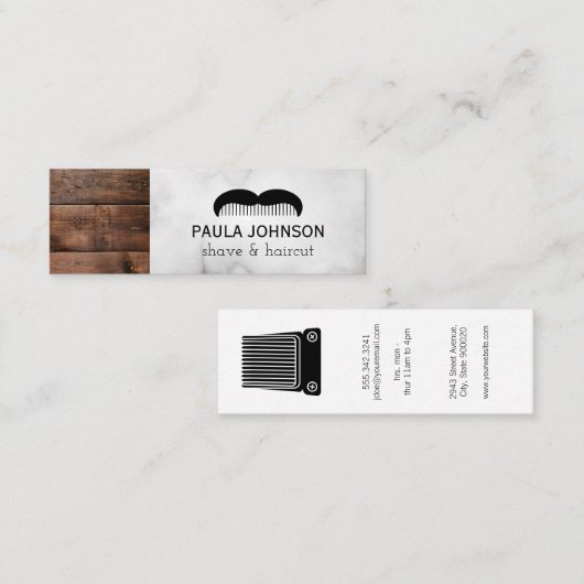 Mustache Shave en Haircut Barber | Houtsim Mini Visitekaartje (Voorkant / Achterkant)