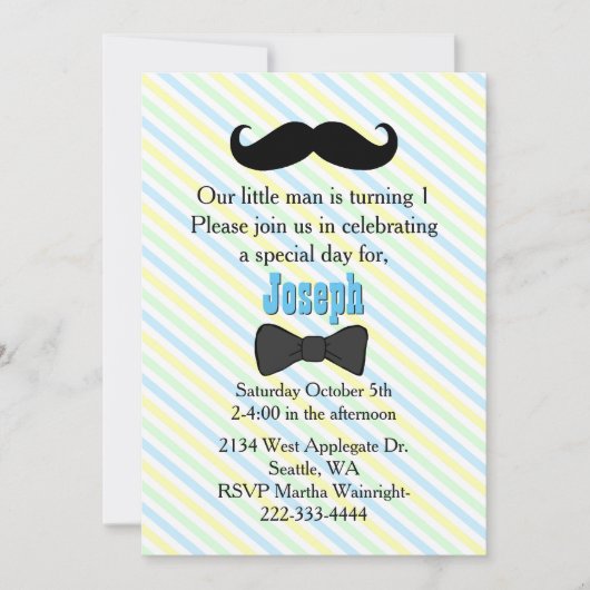 Mustache Striped First Birthday Invitation Kaart (Voorkant)