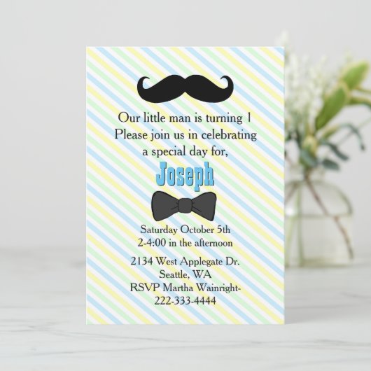 Mustache Striped First Birthday Invitation Kaart (Staand voorkant)