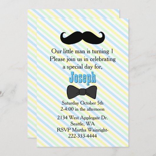 Mustache Striped First Birthday Invitation Kaart (Voorkant / Achterkant)