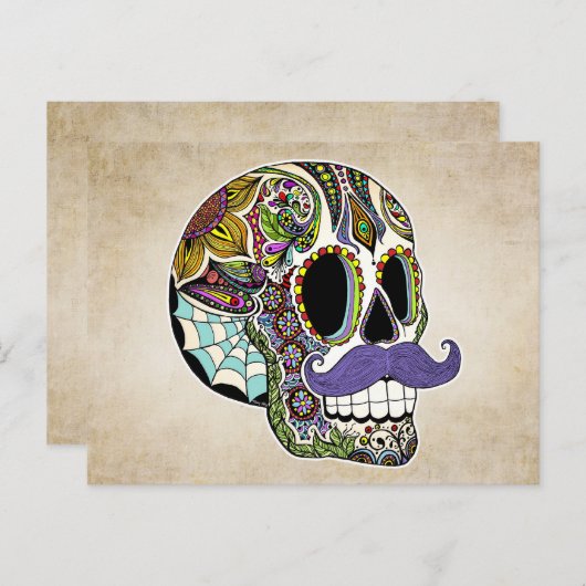 Mustache Sugar Skull Color Briefkaart (Voorkant / Achterkant)