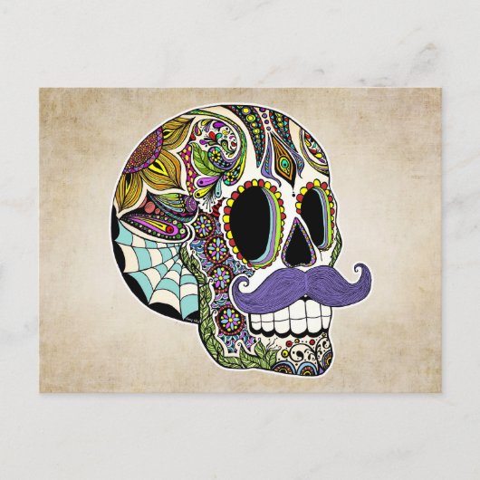 Mustache Sugar Skull Color Briefkaart (Voorkant)