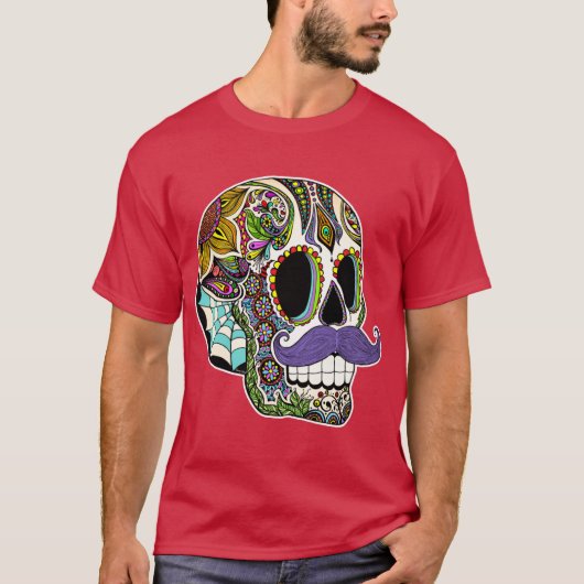 Mustache Sugar Skull Color Version T-shirt (Voorkant)