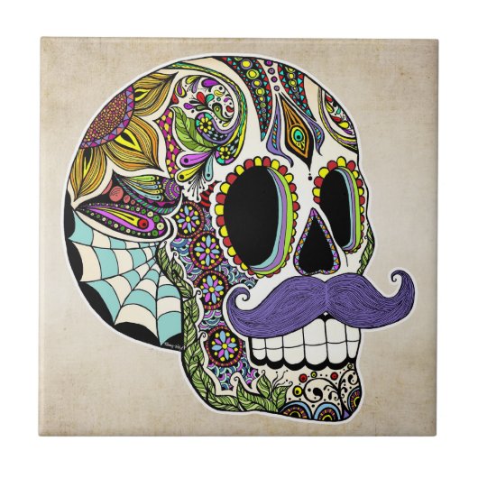 Mustache Sugar Skull (Kleur) Tile Tegeltje (Voorkant)