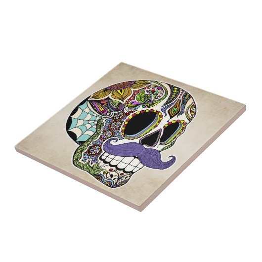 Mustache Sugar Skull (Kleur) Tile Tegeltje (Zijkant)