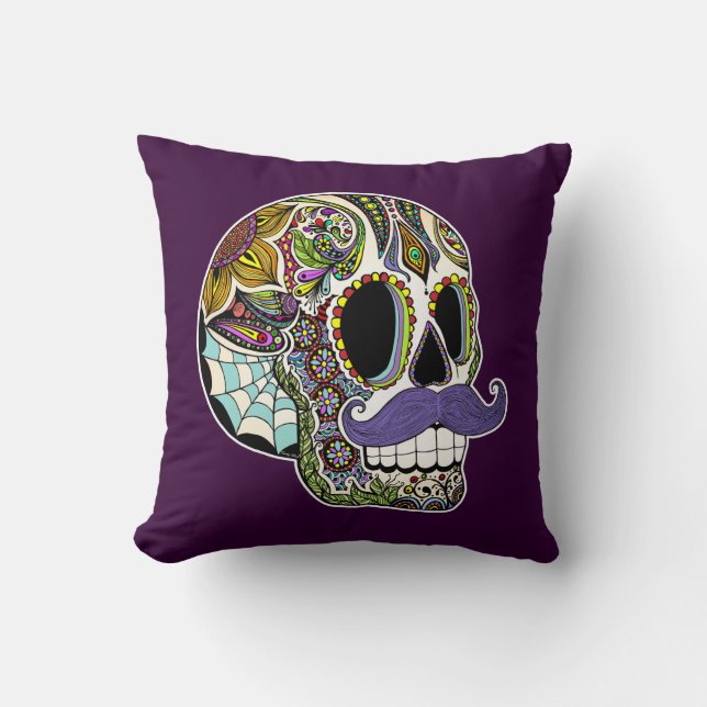 Mustache Sugar Skull Pillow -  kleur Kussen (Voorkant)