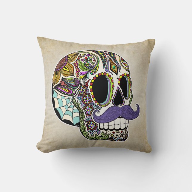 Mustache Sugar Skull Pillow -  stijl Kussen (Voorkant)