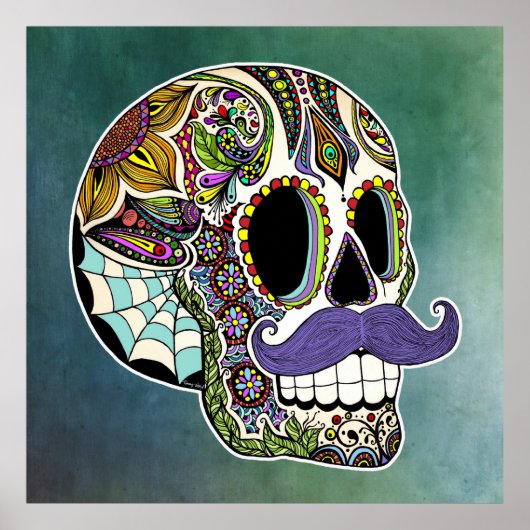 Mustache Sugar Skull Poster - Getextureerde achter (Voorkant)