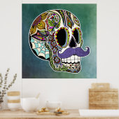 Mustache Sugar Skull Poster - Getextureerde achter (Keuken)