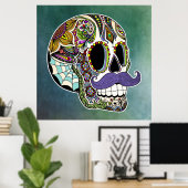 Mustache Sugar Skull Poster - Getextureerde achter (Thuiskantoor)