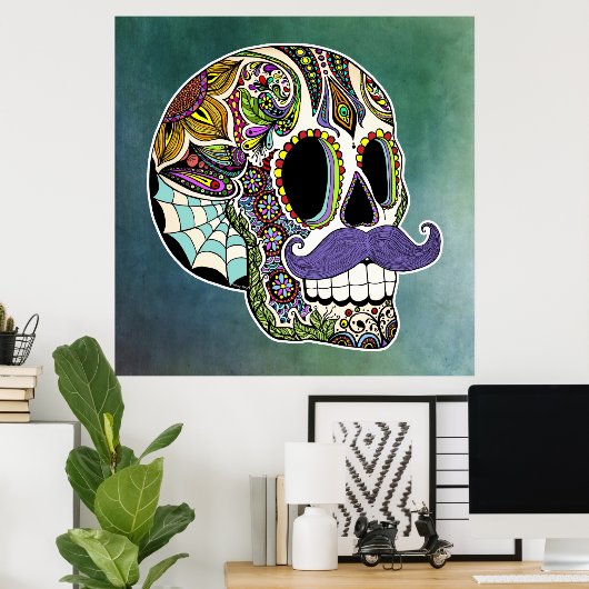 Mustache Sugar Skull Poster - Getextureerde achter (Thuiskantoor)