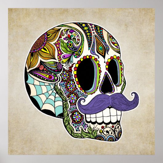 Mustache Sugar Skull Poster - stijl (Voorkant)