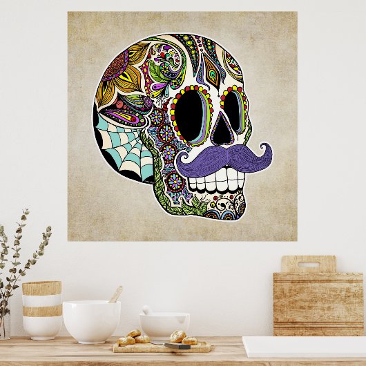 Mustache Sugar Skull Poster -  stijl (Keuken)