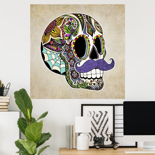 Mustache Sugar Skull Poster -  stijl (Thuiskantoor)