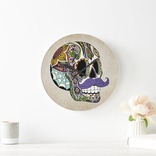 Mustache Sugar Skull Wall klok (Huis)