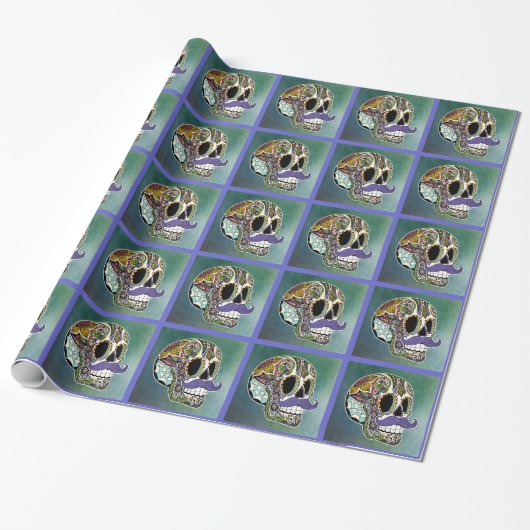 Mustache Sugar Skull Wrapping Paper Cadeaupapier (Uitgerold)