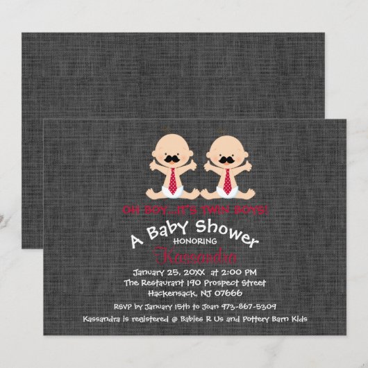 Mustache Twin Boy Baby shower Uitnodiging (Voorkant / Achterkant)