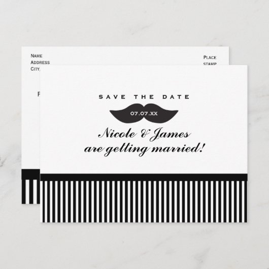 Mustache Zwart & Wit Save The Date Briefkaart (Voorkant / Achterkant)